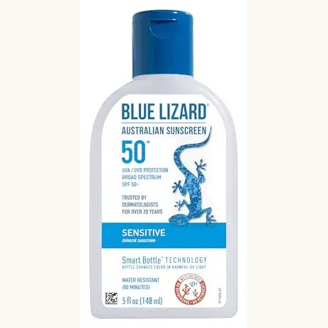 BLUE LIZARD Sensitive Mineral Sunscreen with Zinc Oxide, SPF 50+, Water Resistant, UVA/UVB Protection with Smart Bottle Technology - Fragrance Free, 5 oz