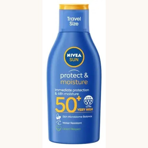 NIVEA SUN Protect & Hydrate Travel Size Lotion 100ml (3.38 fl oz), Lightweight Fast-Absorbing Formula, Water Resistant, Enriched with Vitamin C & Hyaluronic Acid, Daily Sun Care for Face and Body